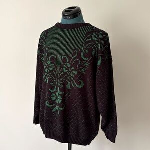 Vintage Ellen-D Kollection | 80s Black & Green Metallic Crewneck Festive Sweater